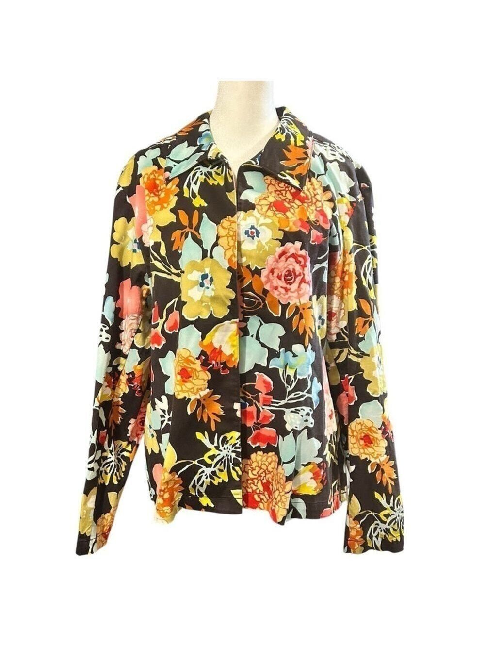 COLDWATER CREEK Floral Print Open Front Jacket Cotton Spandex Blend Size XL EC
